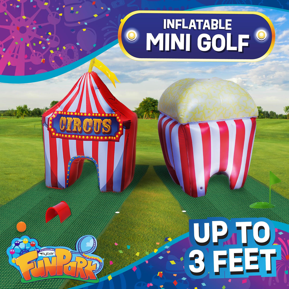 Flybar FunPark inflatable course setup shown indoors or outdoors