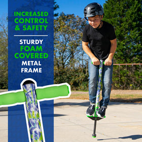 Flybar Jolt pogo stick anti-slip foot pegs increase stability during first jumps.