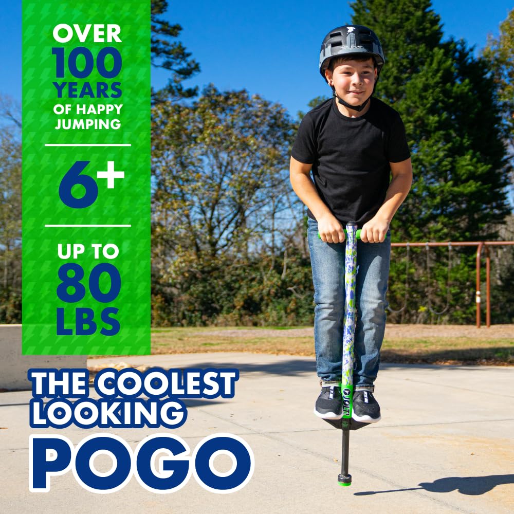 Flybar Jolt pogo stick with foam hand grips for comfortable, secure jumps.