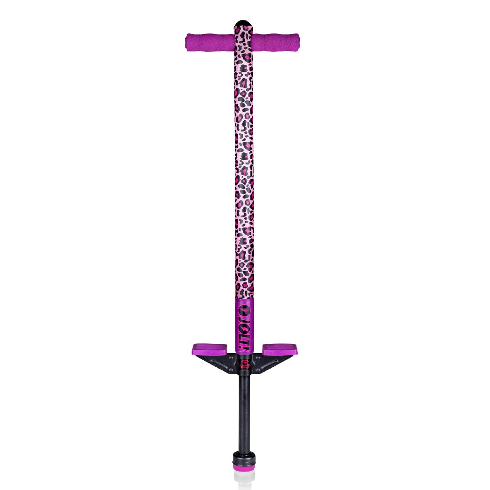 Flybar Jolt pogo stick leopard print, front view, beginner-friendly outdoor fun.