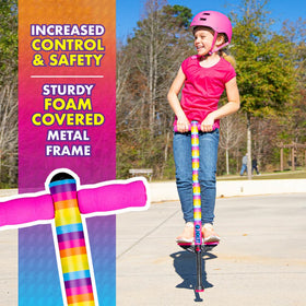 Flybar Jolt base with wide bounce tip enhances stability during jumps
