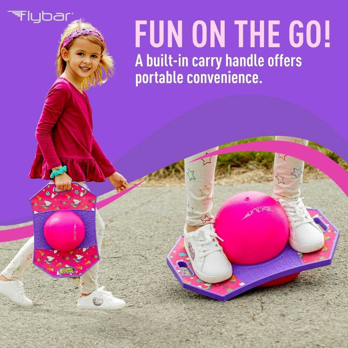 Flybar kid bouncing on pogo ball demonstrates active play and balance.