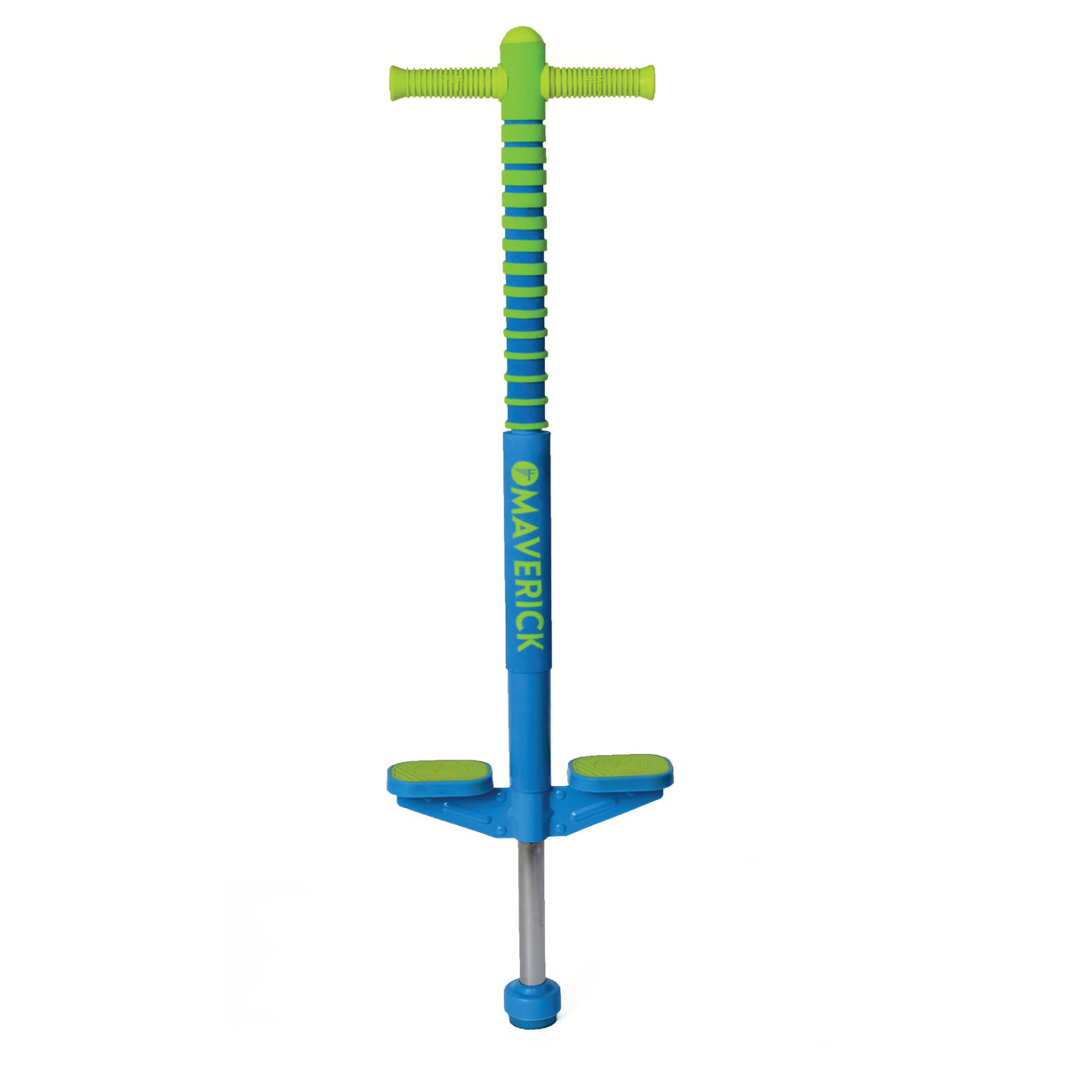 Flybar Maverick 2.0 pogo stick in blue and green for easy beginner jumping.