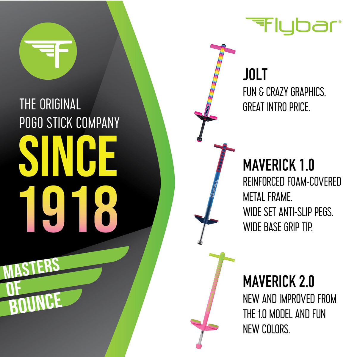 Flybar Maverick 2.0 foot pegs image shows non-slip stability for beginners.