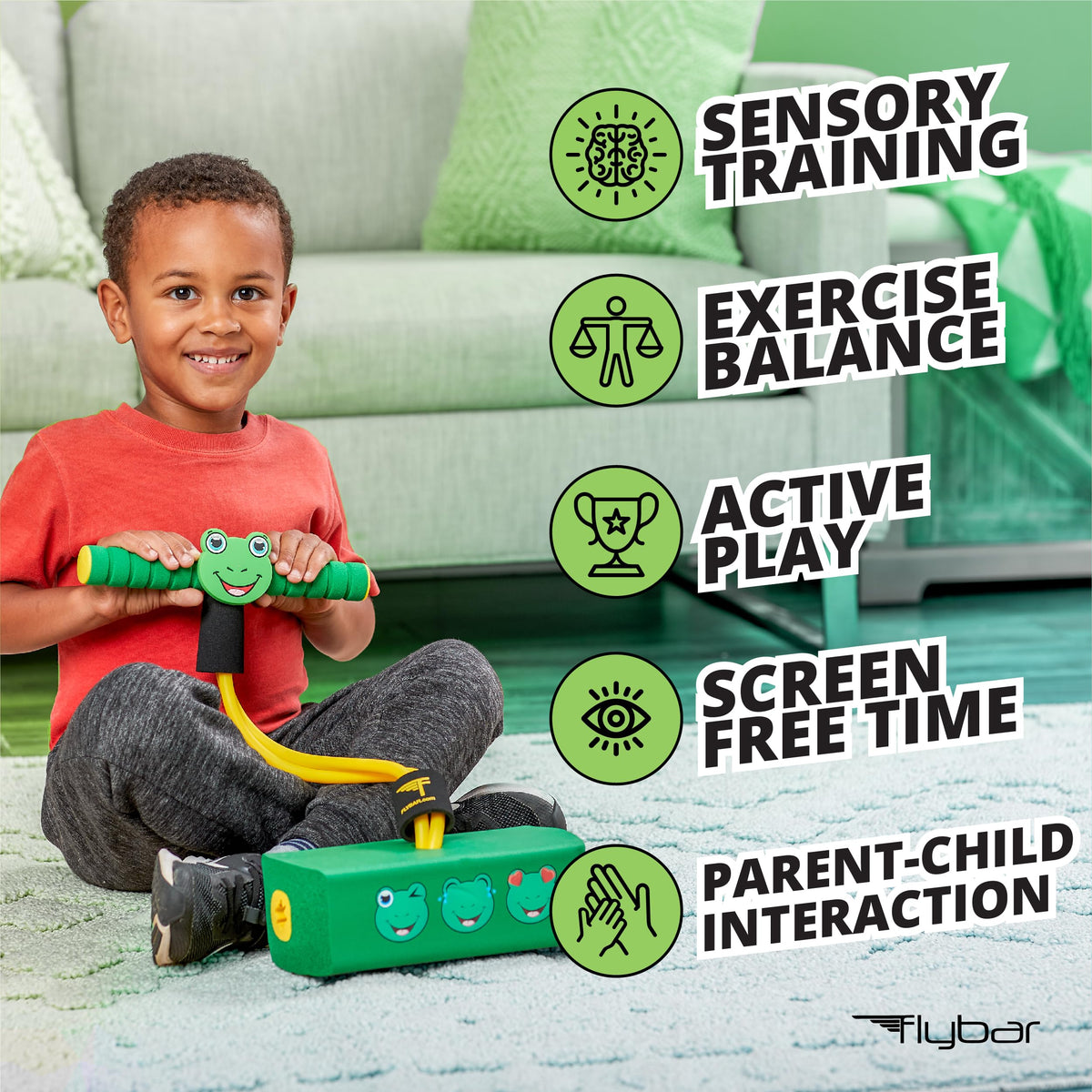 Child bouncing indoors with Flybar My First Foam Pogo Jumper