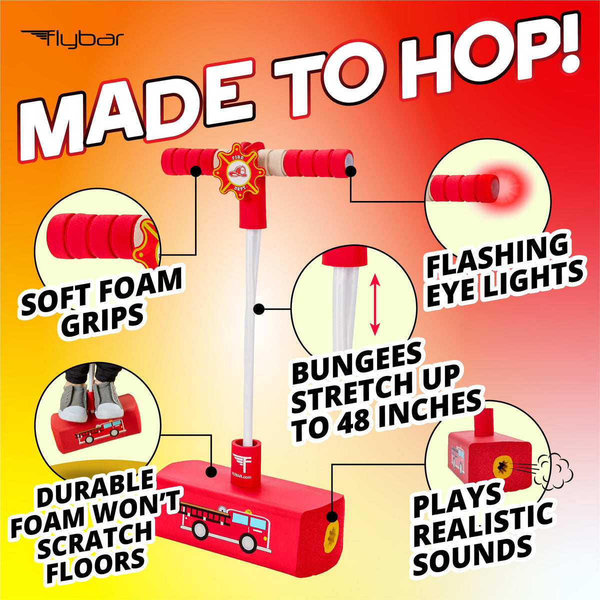 Flybar foam pogo jumper emits siren sounds during jumps