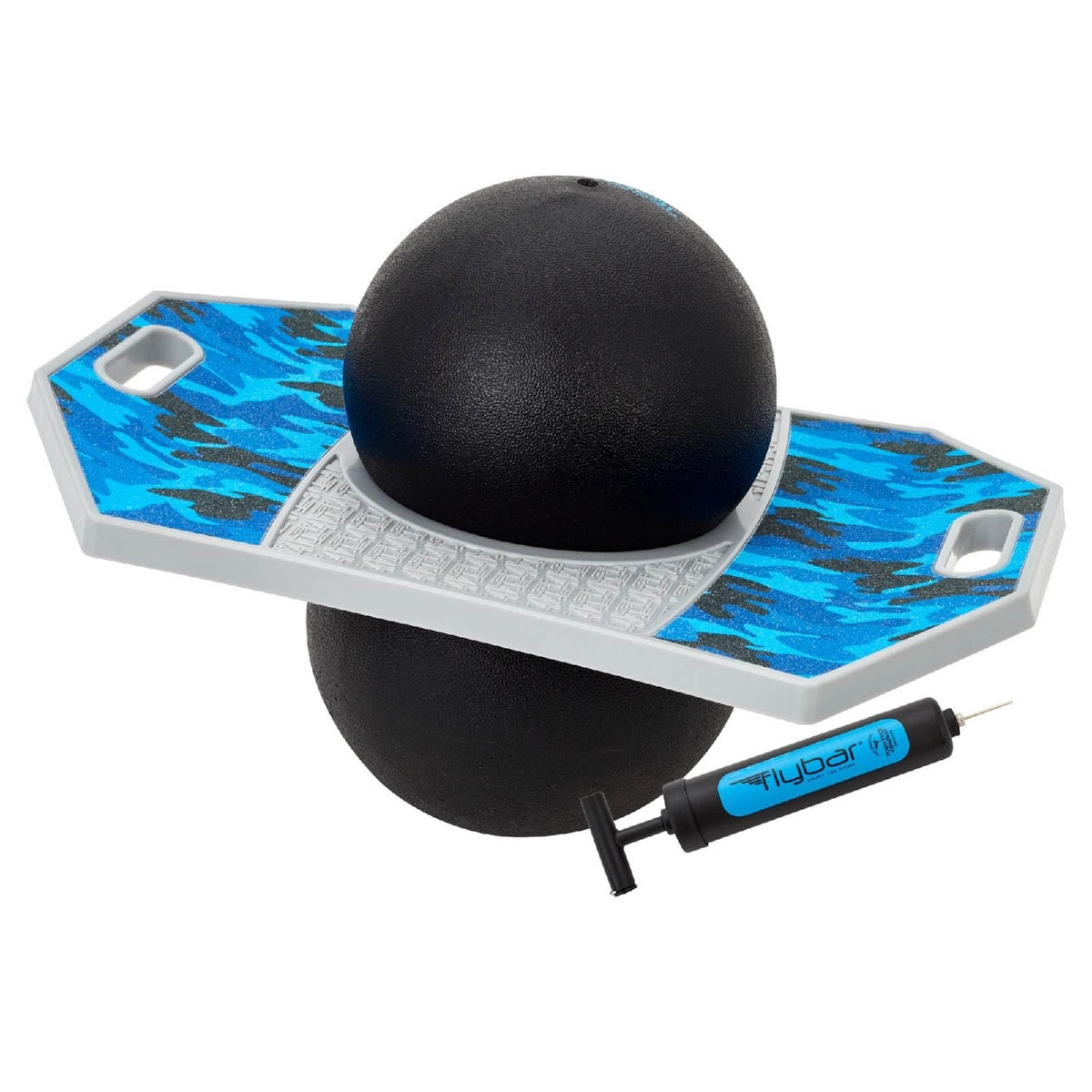Flybar Pogo Ball with blue camo deck for active indoor and outdoor play.