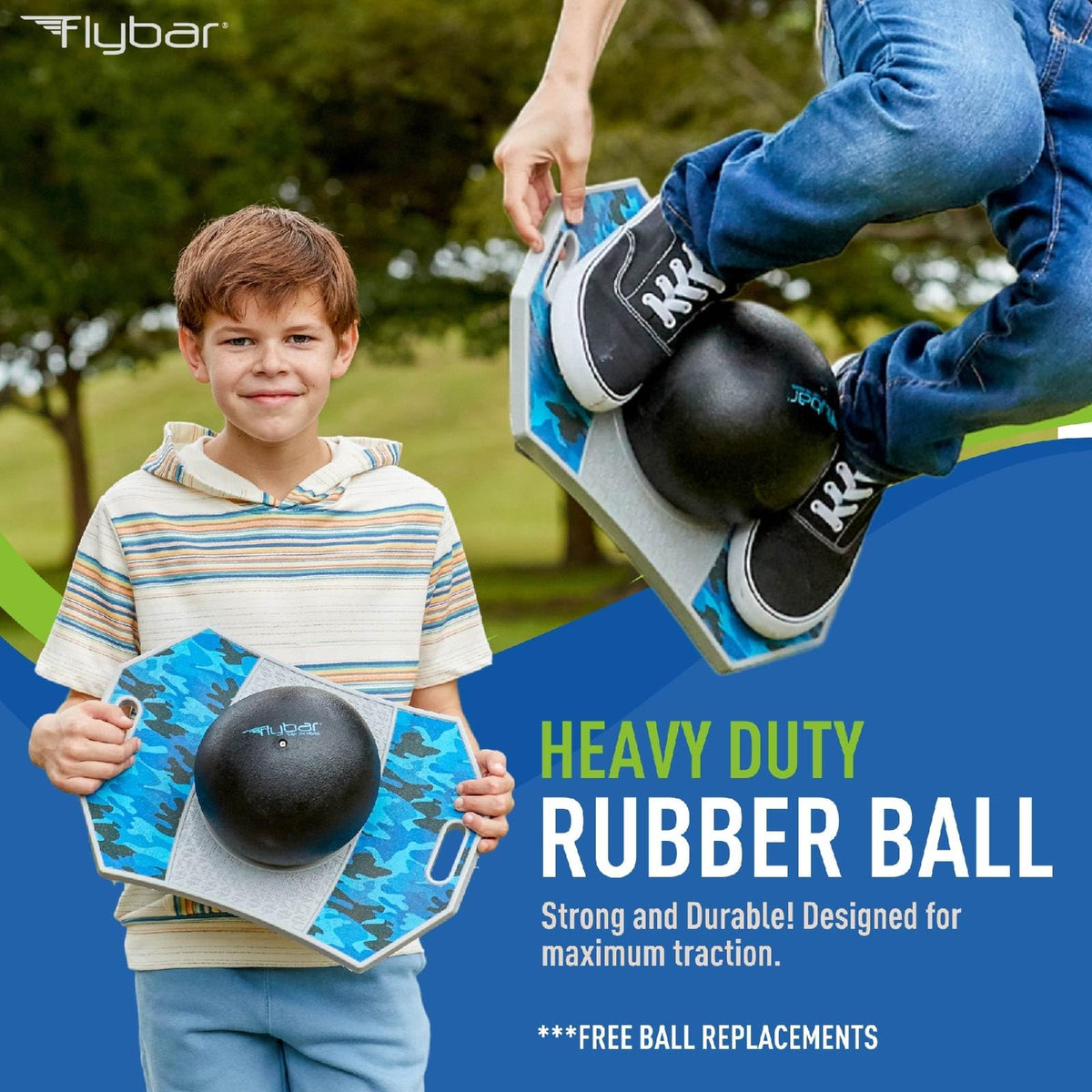 Child using Flybar ball on an anti-slip deck for safe bouncing.