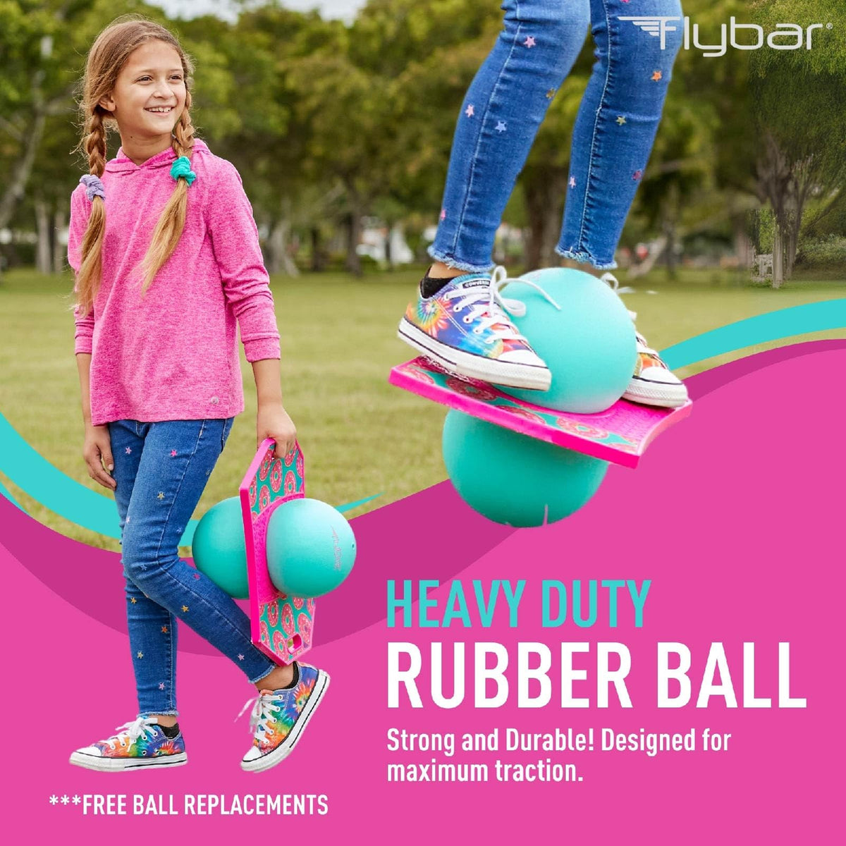 Side view of Flybar pogo ball ready for outdoor play and durable use.