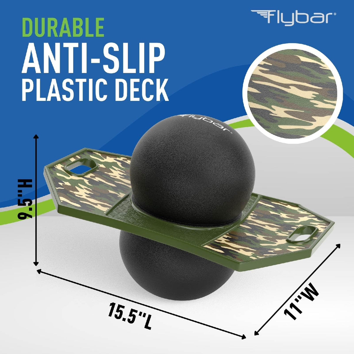 Flybar pogo trick ball camo side view highlights a durable deck