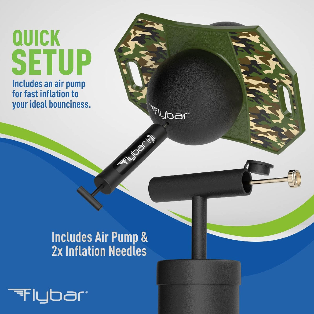 Flybar pogo trick ball camo in-use image on indoor floor for versatility