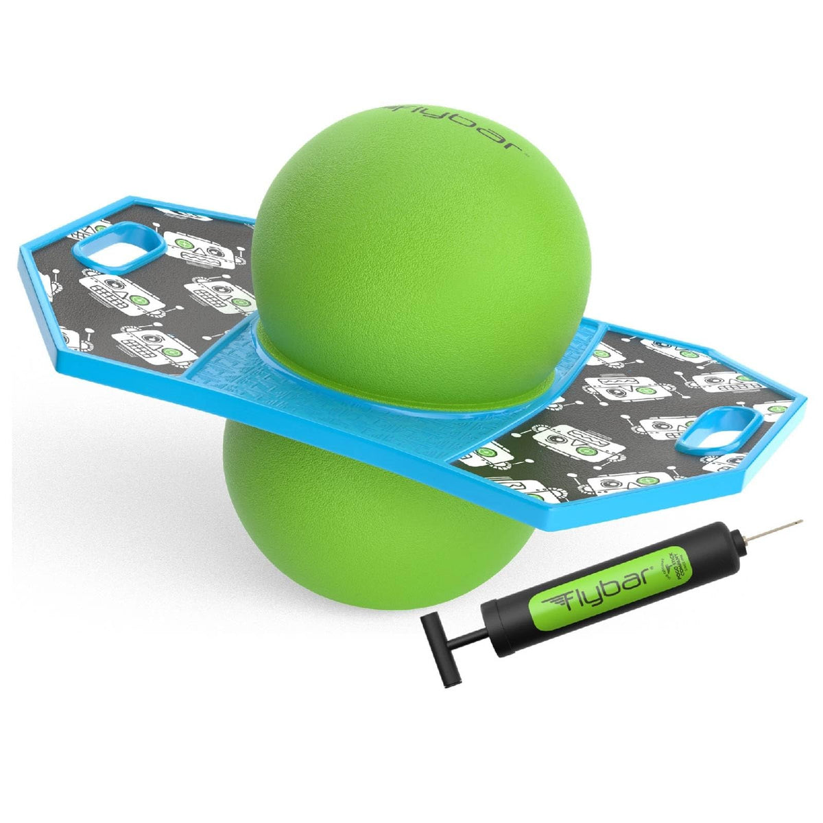 Flybar pogo trick ball deck close-up showing anti-slip surface for safe indoor play.