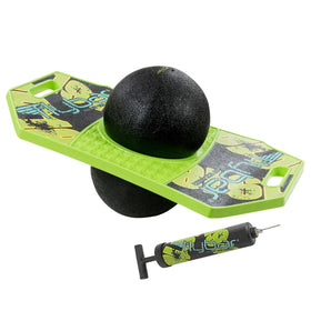 Flybar pogo trick ball green deck shows durable non-slip surface for safe indoor or outdoor play.