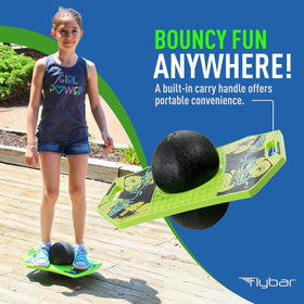 Flybar pogo trick ball suits both indoor floors and outdoor surfaces for year-round activity.