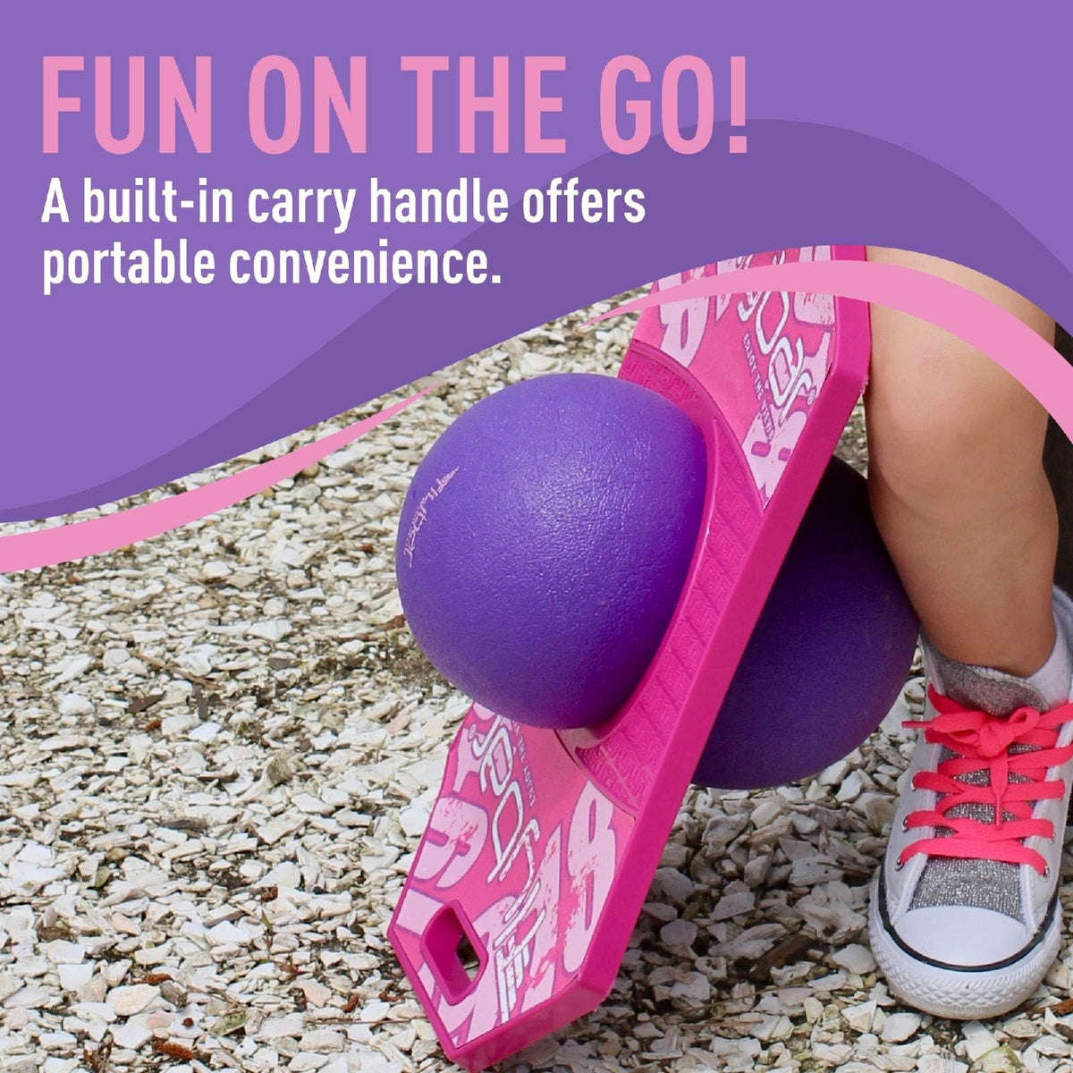 Flybar Pogo Trick Ball Pink Berry 2 easy-to-carry handle for portable fun.