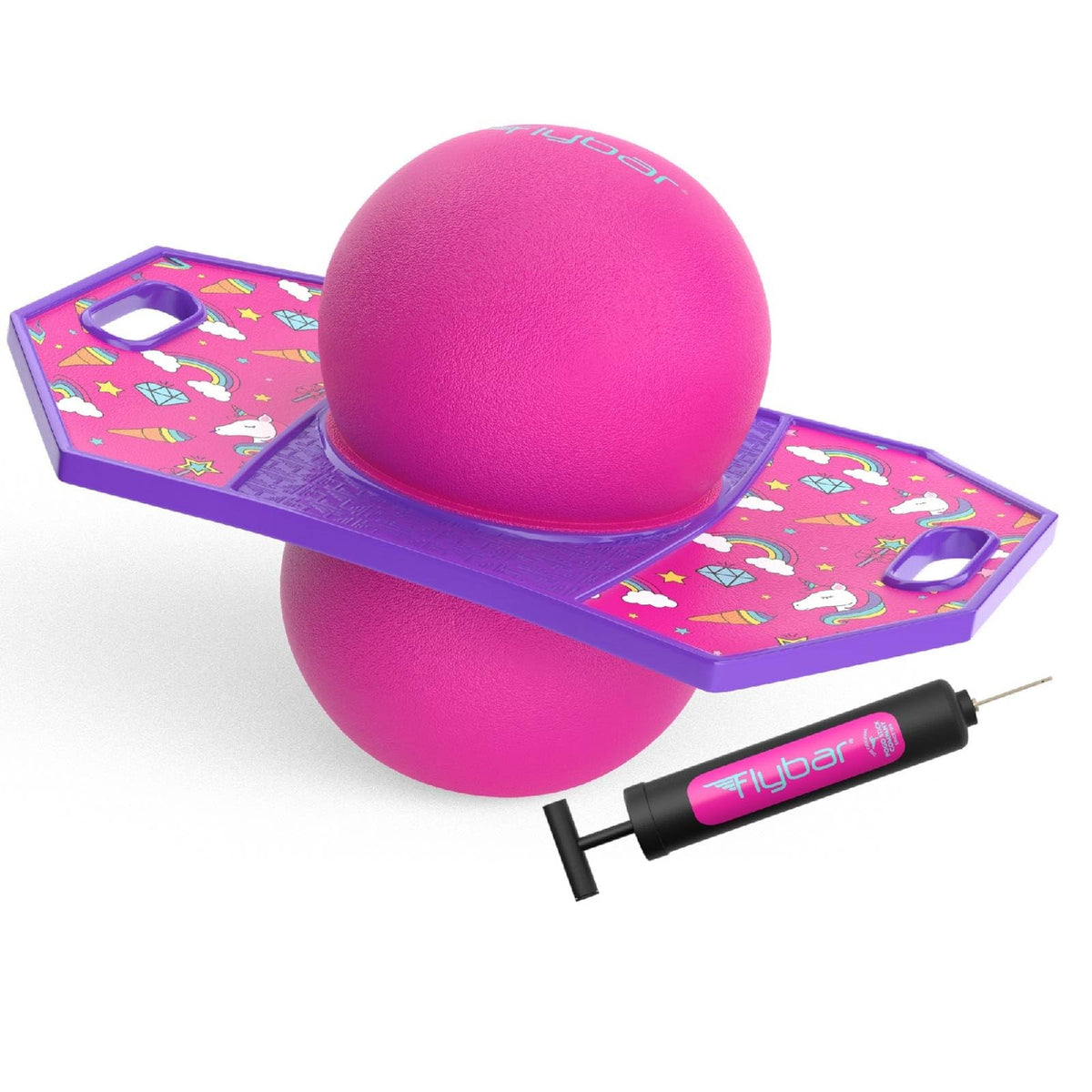 Flybar Unicorn Pogo Ball deck with anti-slip surface for safe indoor or outdoor play.