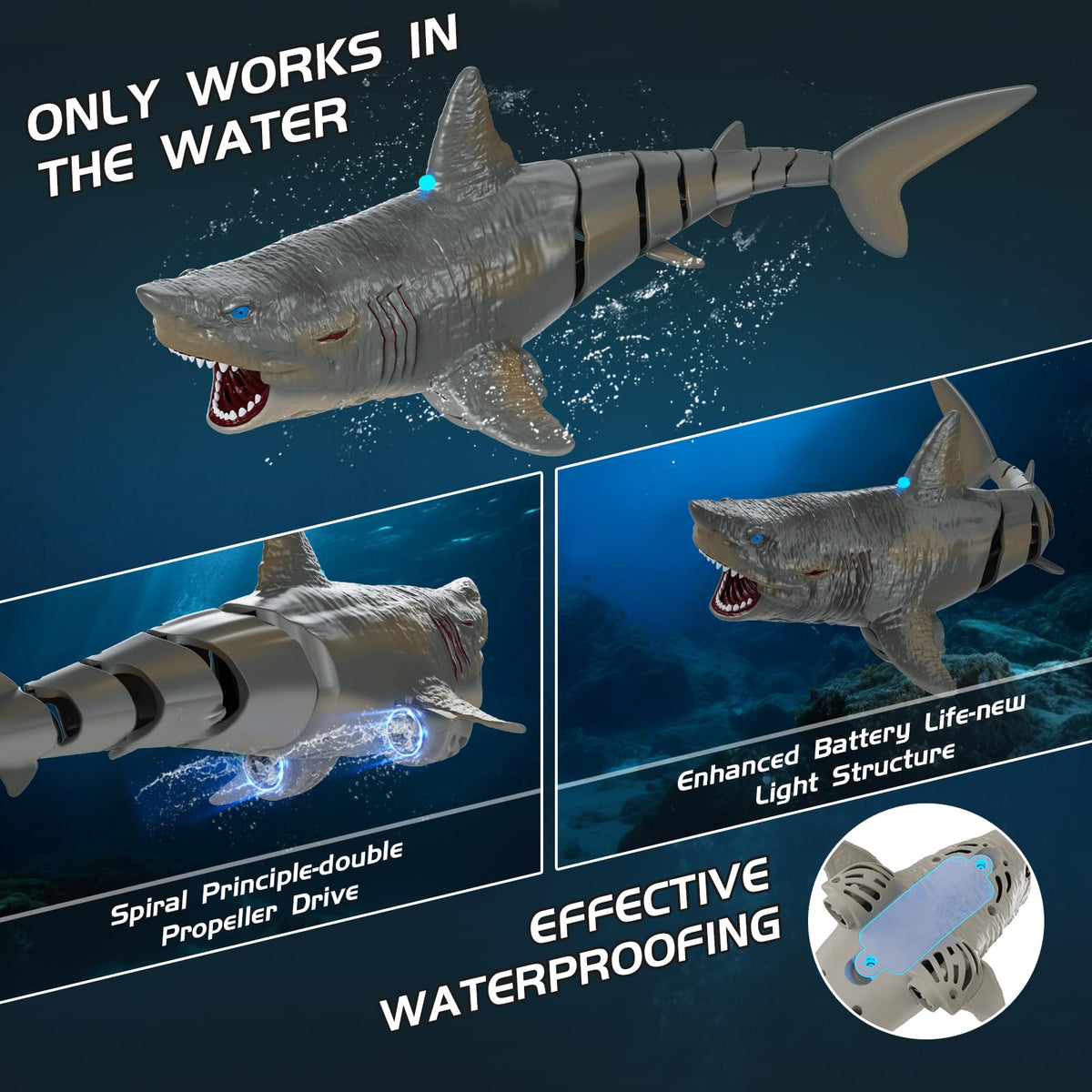 Flycites rechargeable battery shark enabling extended play via USB charging.