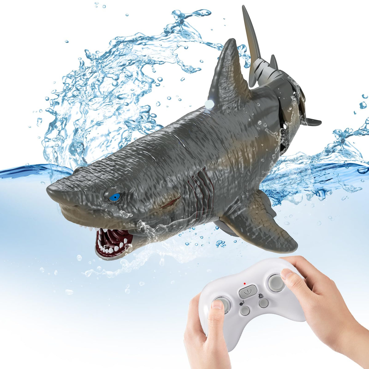 Flycites remote-control shark water toy in pool with lifelike motion.
