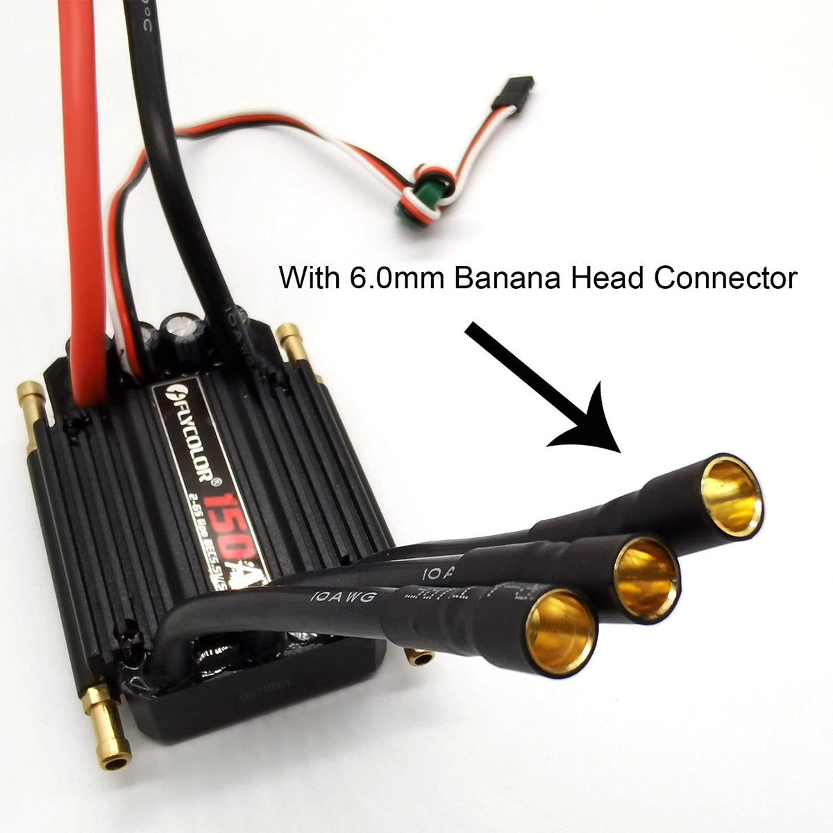 FLYCOLOR 150A ESC with XT90 connector enables quick, secure battery connections.
