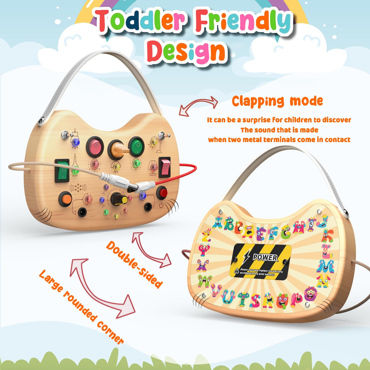 Flycoost Busy Board features 17 LED lights for visual exploration during play.