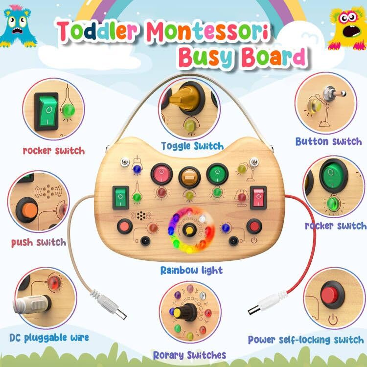 Flycoost Busy Board features dinosaur stickers for imaginative exploration.