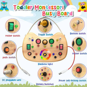 Flycoost Busy Board features dinosaur stickers for imaginative exploration.