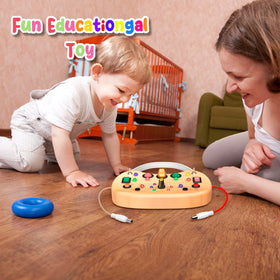 Flycoost Busy Board promotes fine motor skills and hand-eye coordination through diverse activities.