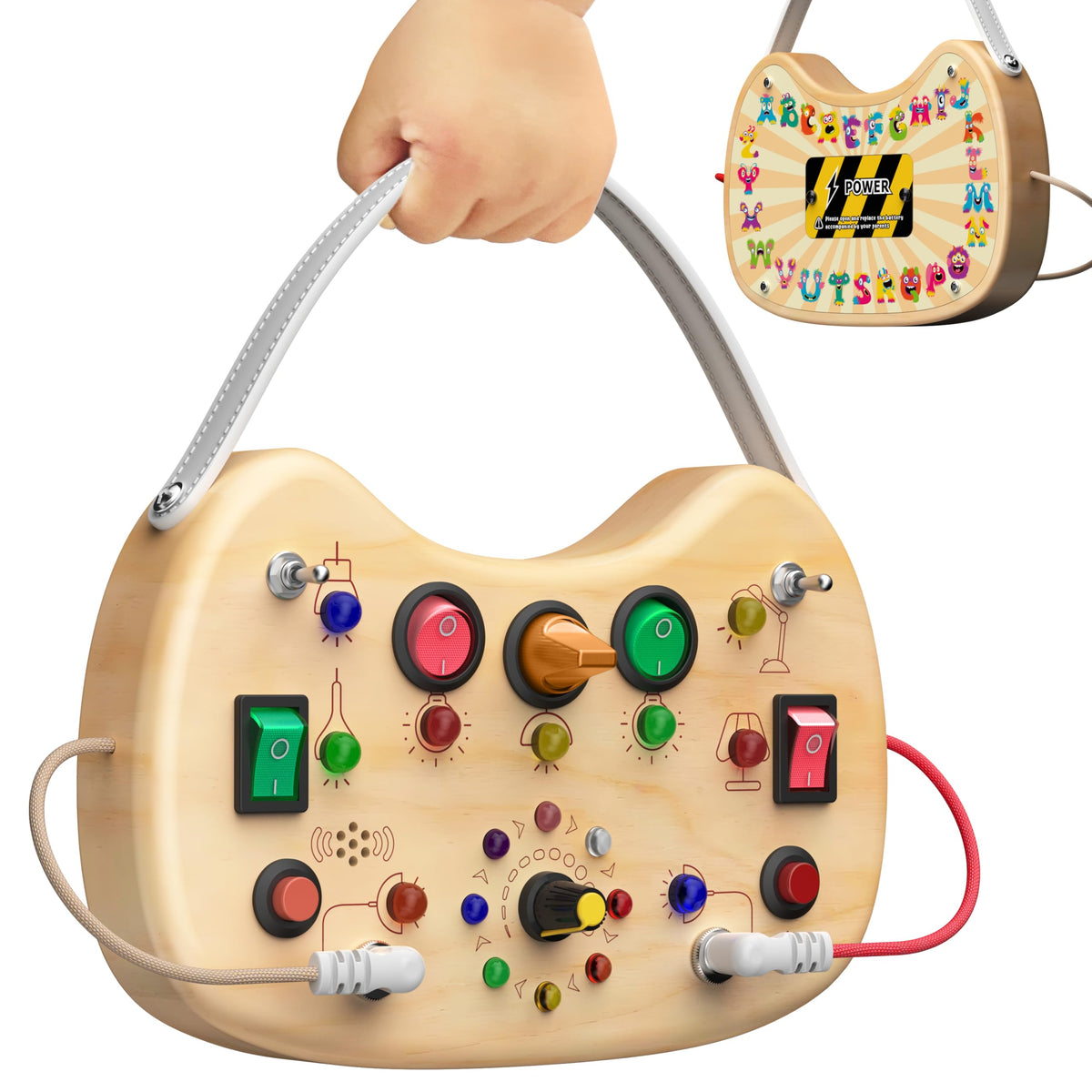 Flycoost Busy Board with LED switches overview for interactive learning on the go, engaging toddlers.
