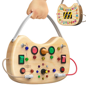 Flycoost Busy Board with LED switches overview for interactive learning on the go, engaging toddlers.