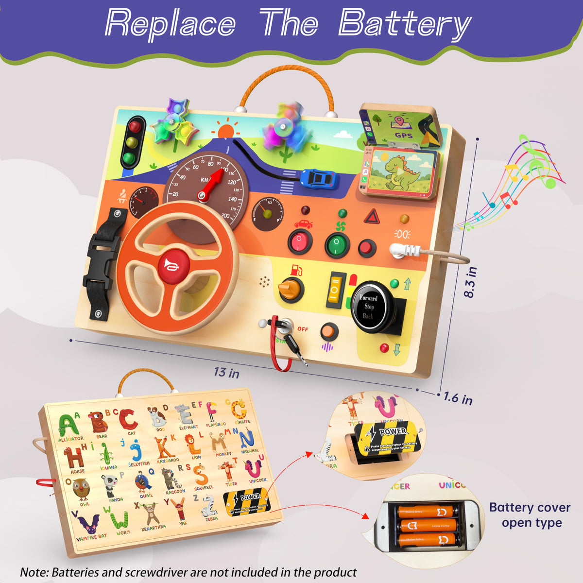 Flycoost Busy Board lights and switches enhance tactile play during travel.