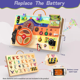 Flycoost Busy Board lights and switches enhance tactile play during travel.