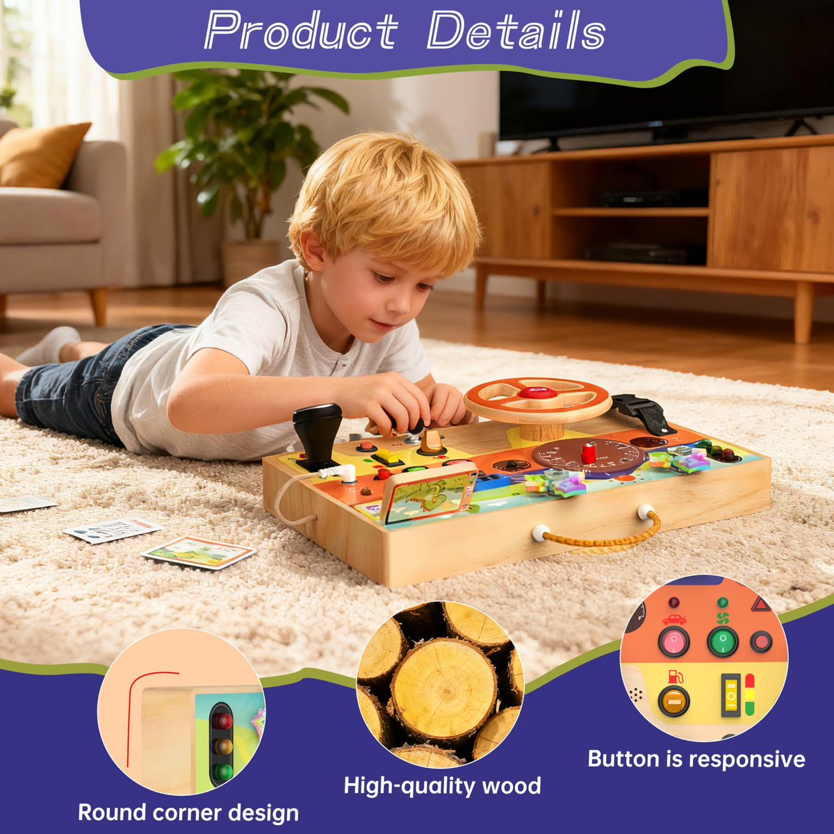 Flycoost Busy Board wooden panel featuring road track supports quiet, screen-free exploration.