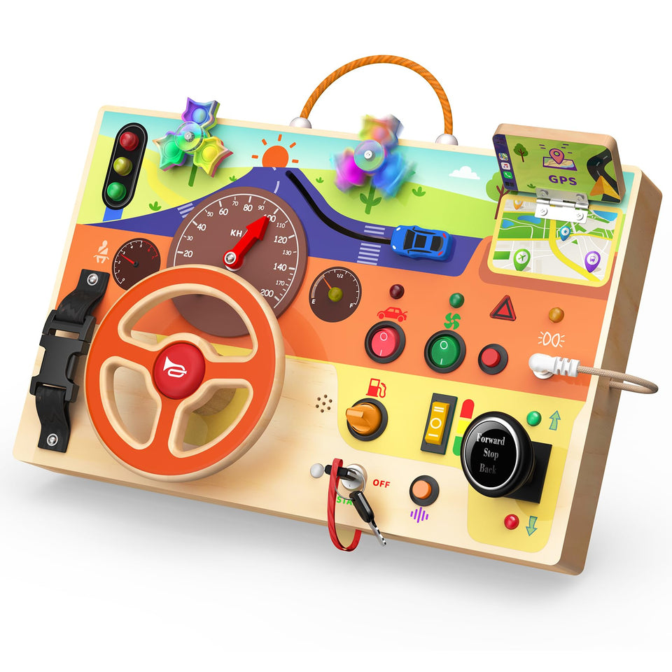 Flycoost Busy Board with steering wheel for immersive pretend driving and fine motor practice.