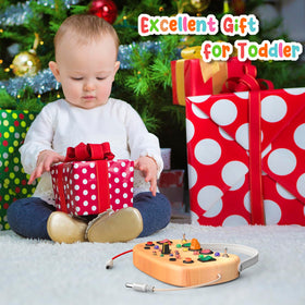 Flycoost Busy Board engages kids and caregivers during learning moments away from screens.