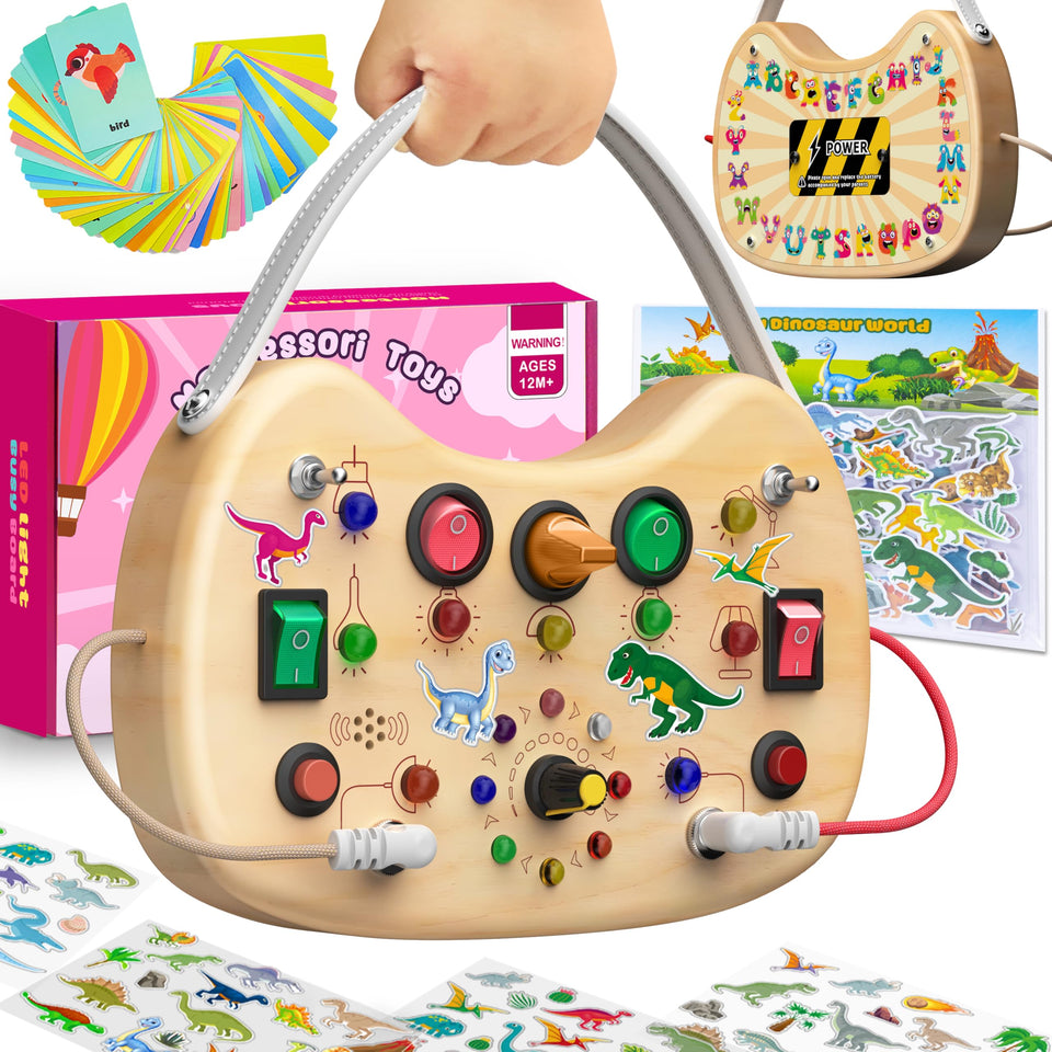 Flycoost Montessori Busy Board with LED switches boosts fine motor skills during play.