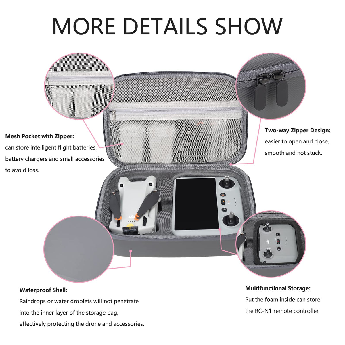 Flyekist Mini3 Pro case remote controller slot neatly holds the DJI RC-N1.
