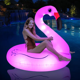 FlyfreeU flamingo inflatable pool float with lights for day and night pool fun.