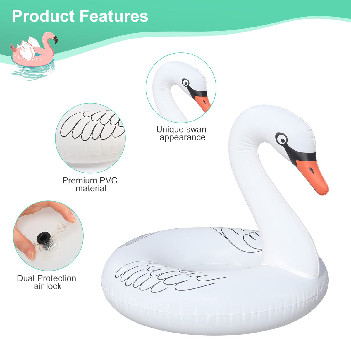 FlyfreeU Swan float with adults relaxing on a pool lounge.