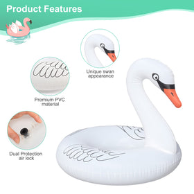 FlyfreeU Swan float with adults relaxing on a pool lounge.