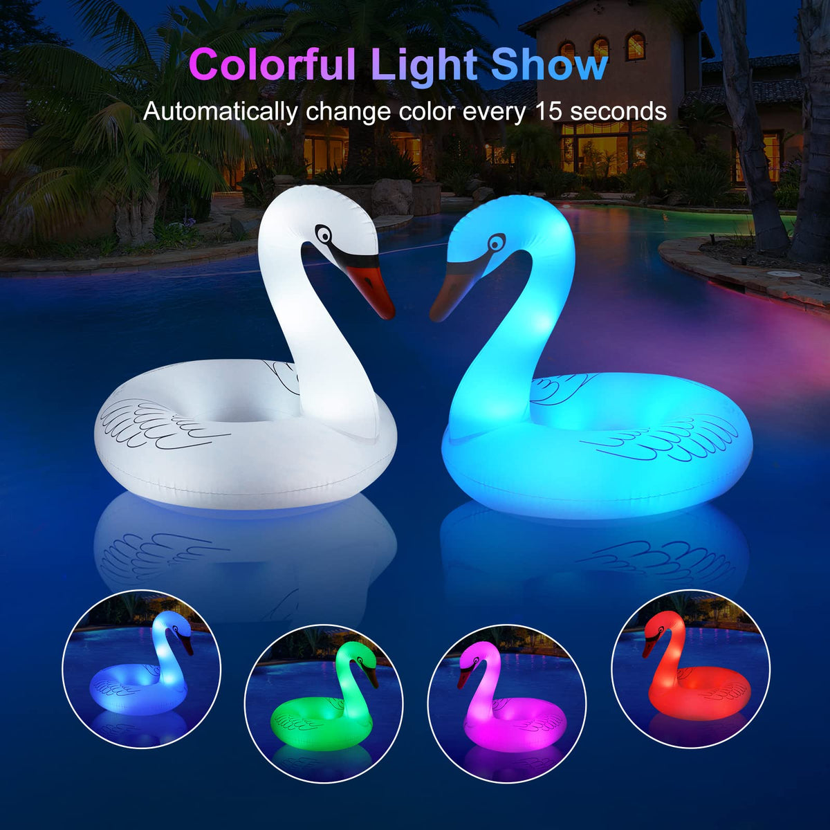 FlyfreeU Swan float lit at dusk with color-changing lights.