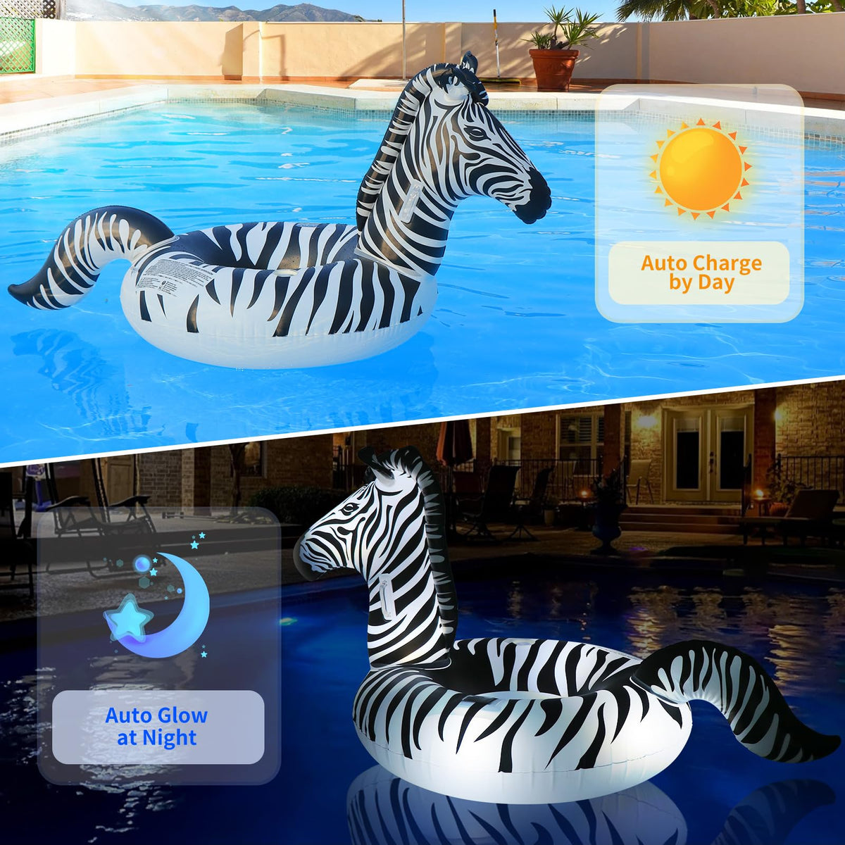FlyfreeU zebra pool float glows at night for fun pool parties