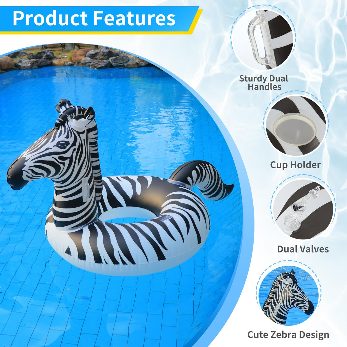 FlyfreeU zebra pool float with solid handles for stability