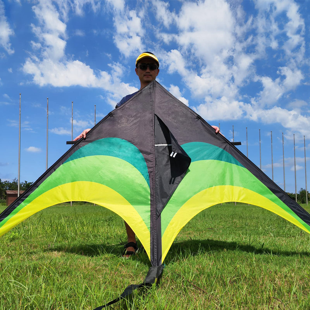 Flying Hoofer adult-friendly kite, black and green, ideal for family outings.
