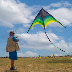Flying Hoofer delta kite with 98ft tail, high visibility and dramatic flight.