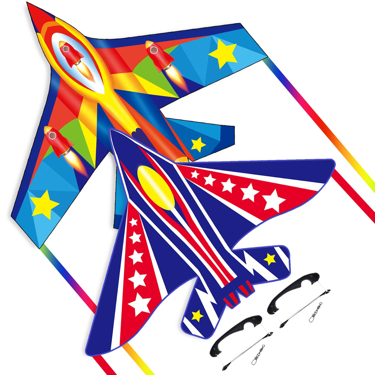 Flying Hoofer fighter airplane kites front view for kids with exciting superhero-inspired design, great for outdoor play.