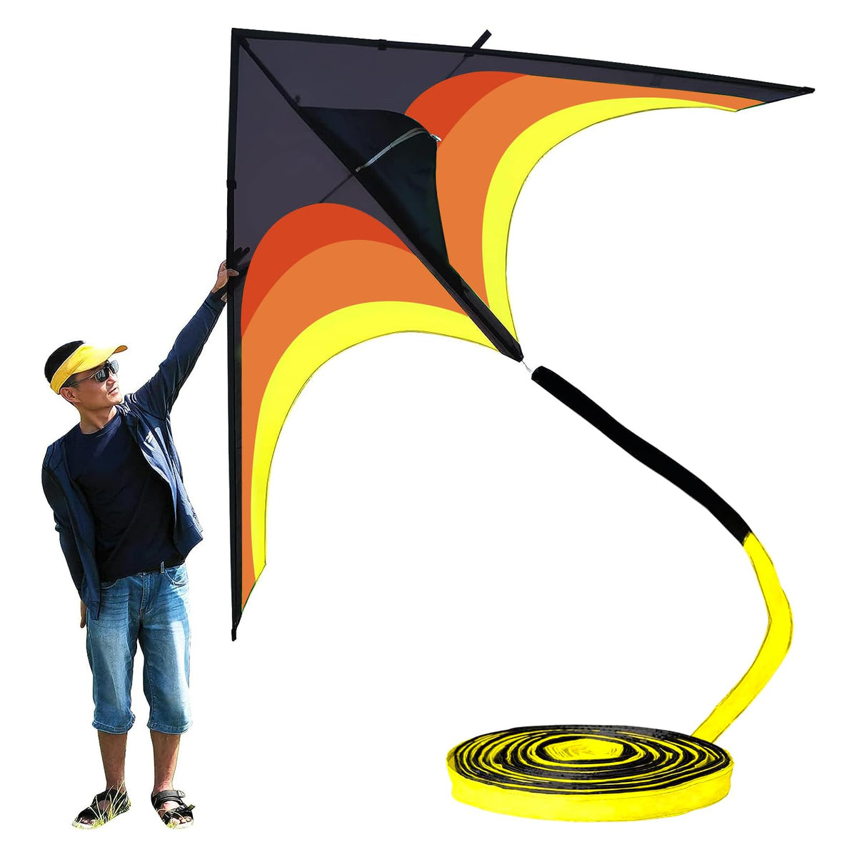 Flying Hoofer giant delta kite in black and yellow, ready for stable flights.