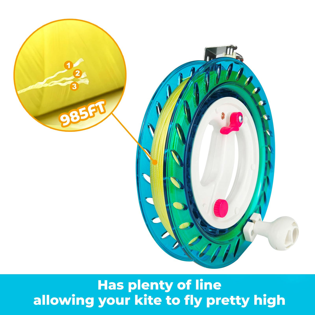 Flying Hoofer kite reel winder blue braided-string assembly highlighting high-tensile line.