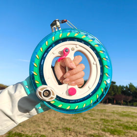 Flying Hoofer kite reel winder blue foldable crank aids portable transport.