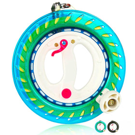 Flying Hoofer kite reel winder blue top view, compact design for easy travel.