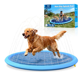 Flying Paws 67-in durable splash pad for dogs in outdoor setting shows spacious cooling space and water play.